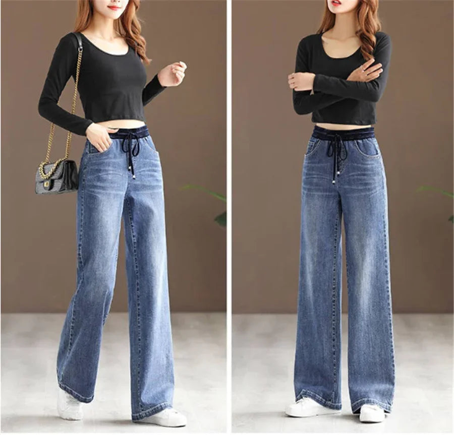 Winter Wide Leg Denim Pants Women Thicken Plush Velvet Lined High Waist Jeans Lace Up Warm Baggy Straight Vaqueros Pantalones
