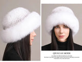 Genuine Knitted Mink Fur Hat with Fox Fur Brim