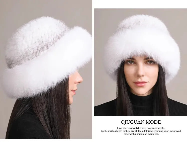 Genuine Knitted Mink Fur Hat with Fox Fur Brim