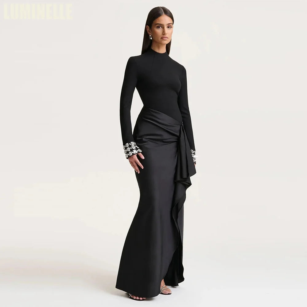 Women's High Neck Beaded Formal Gown | Long Sleeve