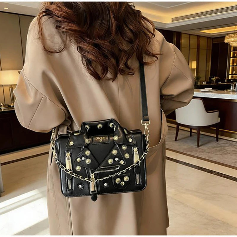 Jacket Collar Shaped Crossbody Shoulder Bag,Women Metal Flower Studded Handbag ,Niche Designer Streetwear Fashion Rivet Tote Bag