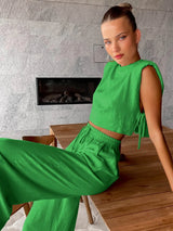 Spring Summer 2025 Women Holiday Linen Pant Set Crop Tops Solid Outfits 2 Two Piece Matching Set For Women