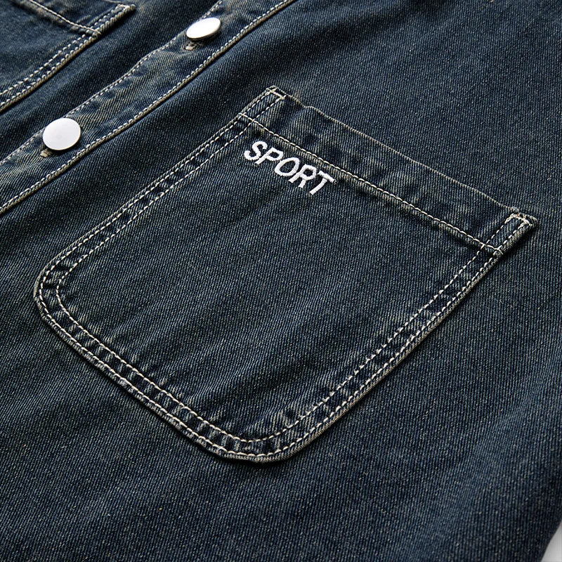 Heavy duty washed denim jacket for men vintage blue lapel long sleeved shirt style jacket casual and loose outer wear