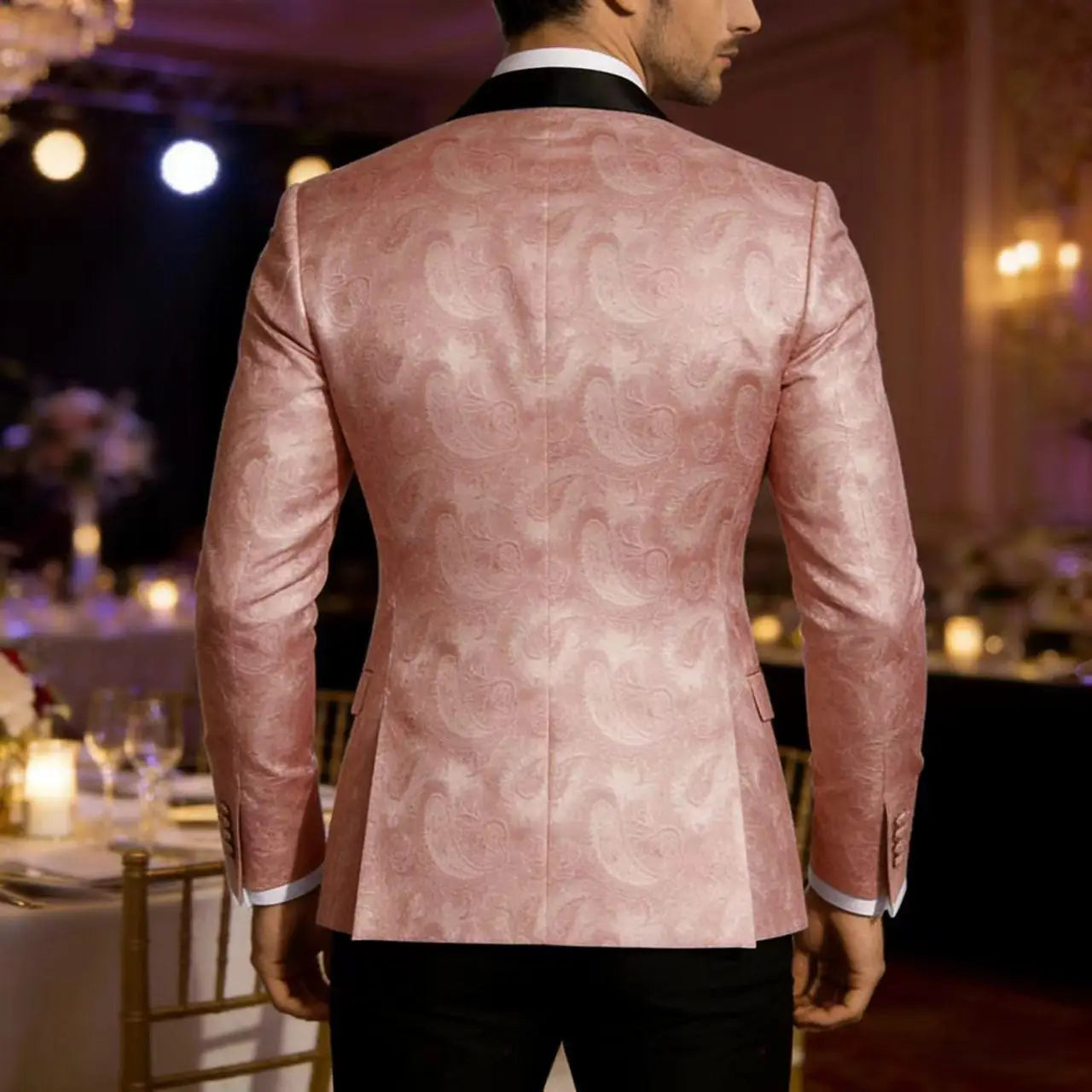 Men's Pink Paisley Tuxedo Blazer — Black Satin Lapel Formal Jacket