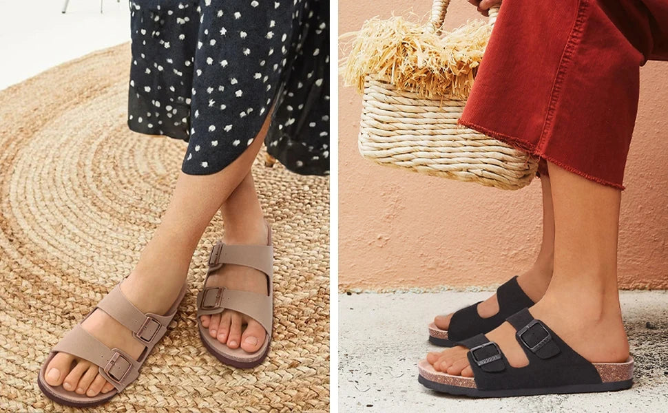 Evshine Leather Cork Footed Clogs Sandals For Women Fashion Flat Mules Slippers with Arch Support Men Double Buckle Cork Slides