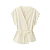 2-Piece Sleeveless V-Neck Trouser Set with Belt – Summer Commuter Wide Leg Suit