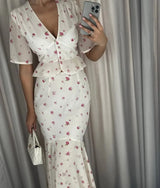 Women White Pink Floral Print Fishtail Skirt Set Chic V Neck Puff Sleeve Ruffle Button Crop Top Suit Elegant Lady Wedding Outfit