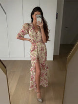 Flutter Sleeves Slim Long Dress Women Casual Pleated Deep V-neck Floral Print High Waist Dresses 2026 Lady Summer Holiday Wear