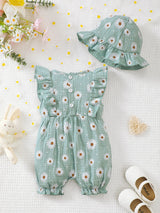 0-18 Months Baby Girl Clothes Set 2Pcs Daisy Print Romper Ruffle Bow Jumpsuit + Hat Summer Infant Newborn Casual Clothing Outfit