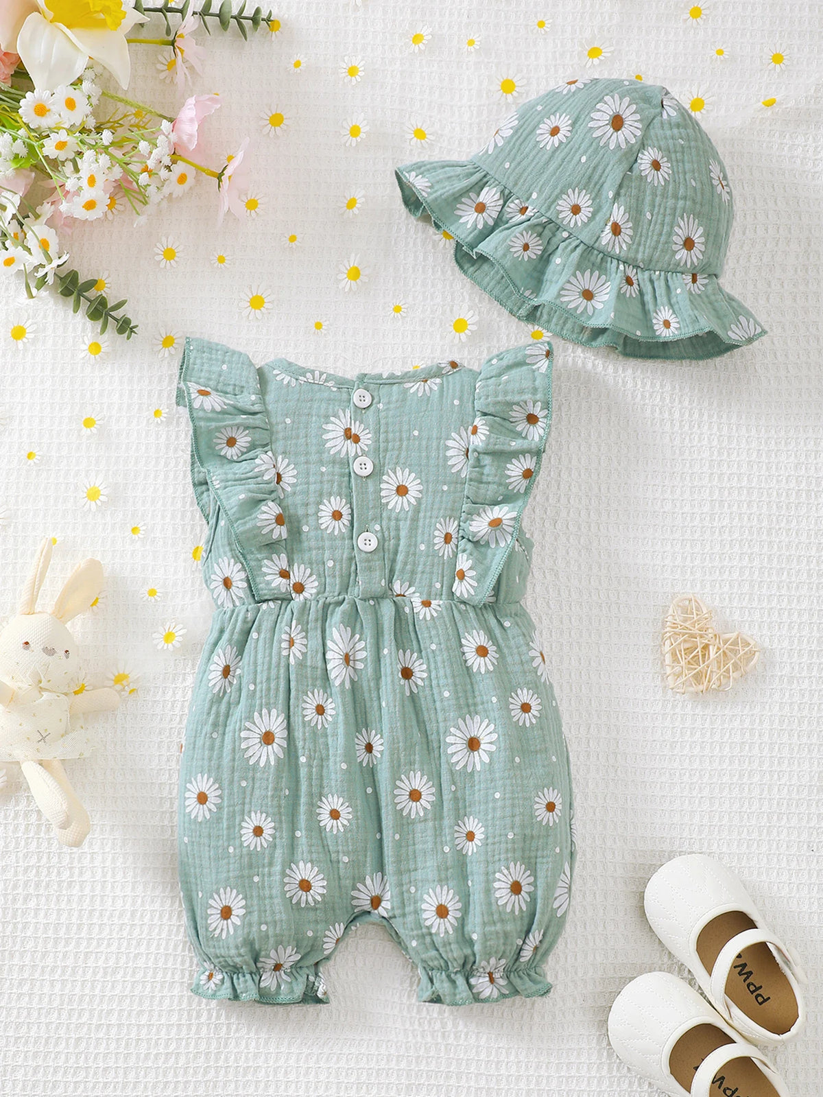 0-18 Months Baby Girl Clothes Set 2Pcs Daisy Print Romper Ruffle Bow Jumpsuit + Hat Summer Infant Newborn Casual Clothing Outfit