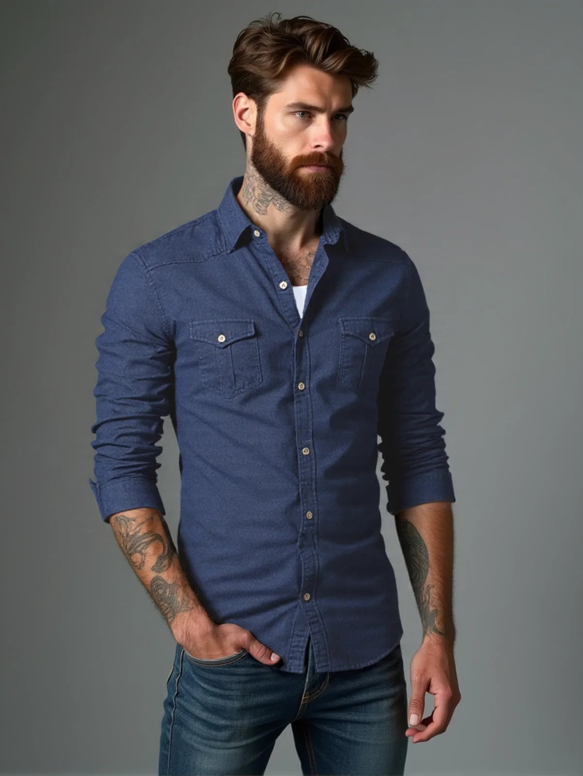 RVHS Elastic Cotton Denim Shirt Men Long Sleeve Quality Cowboy Shirts for Men Casual Slim Fit Mens Designer Clothing