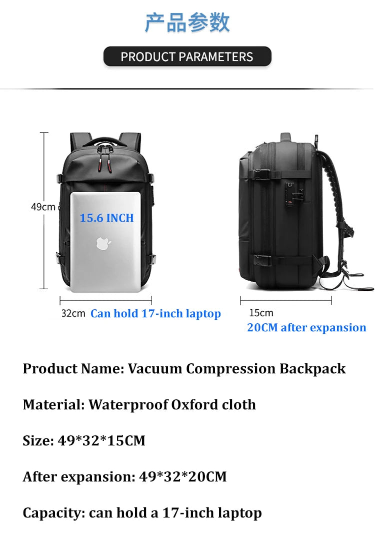 Vacuum Compression Travel Backpack – 17" Laptop & Adventure Ready