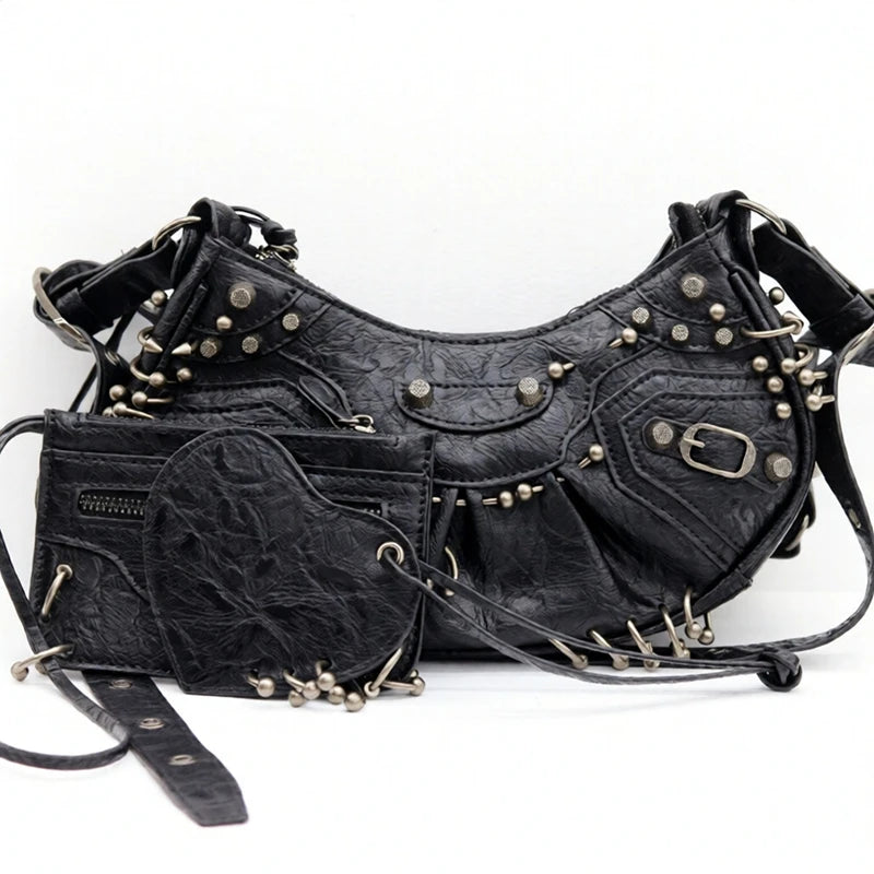  ﻿ 2026 New Women's Fashion Shoulder Bag European Vintage Style Cropped Studded Motorcycle Bag Soft Material Crossbody Design