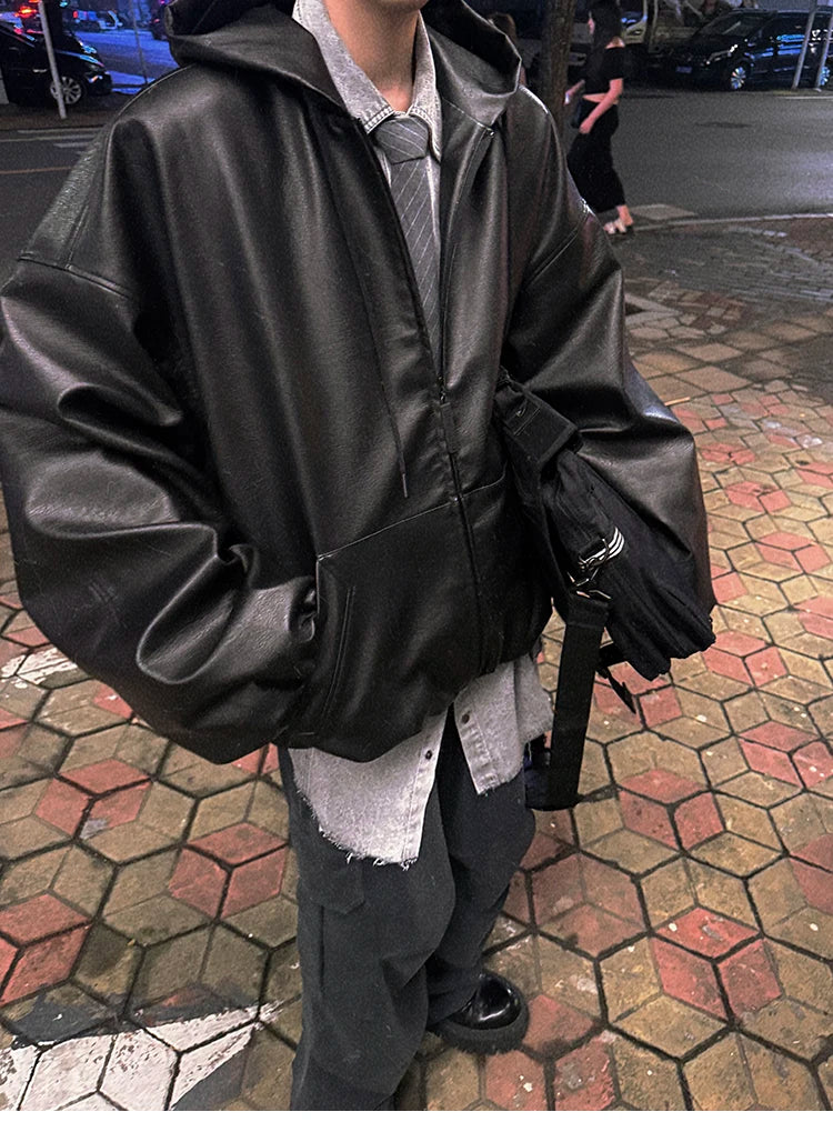 Men’s Oversized Hooded Faux Leather Jacket