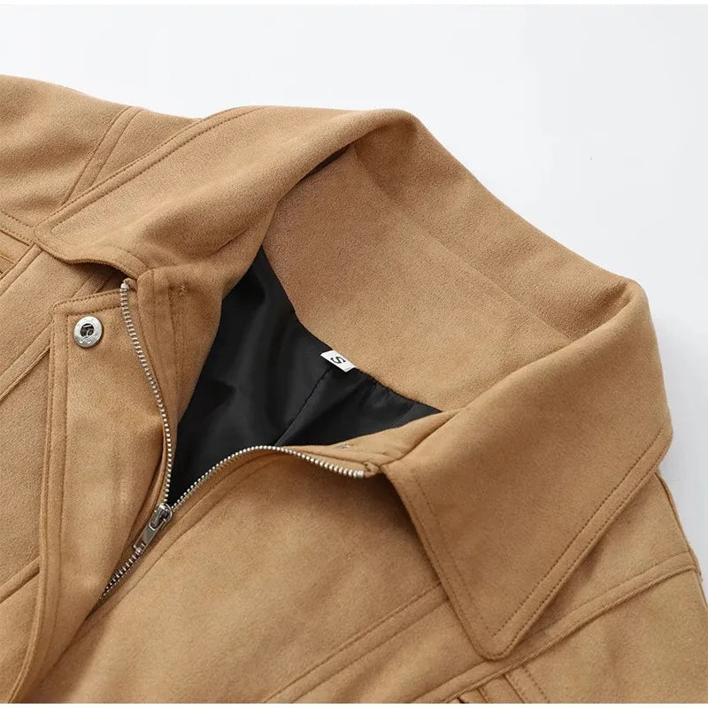 Brown Retro Suede Lapel Zippered Short Jackets Women's Casual Full Sleeves Pocket Loose Coats 2026 Spring Daily Commute Outwear