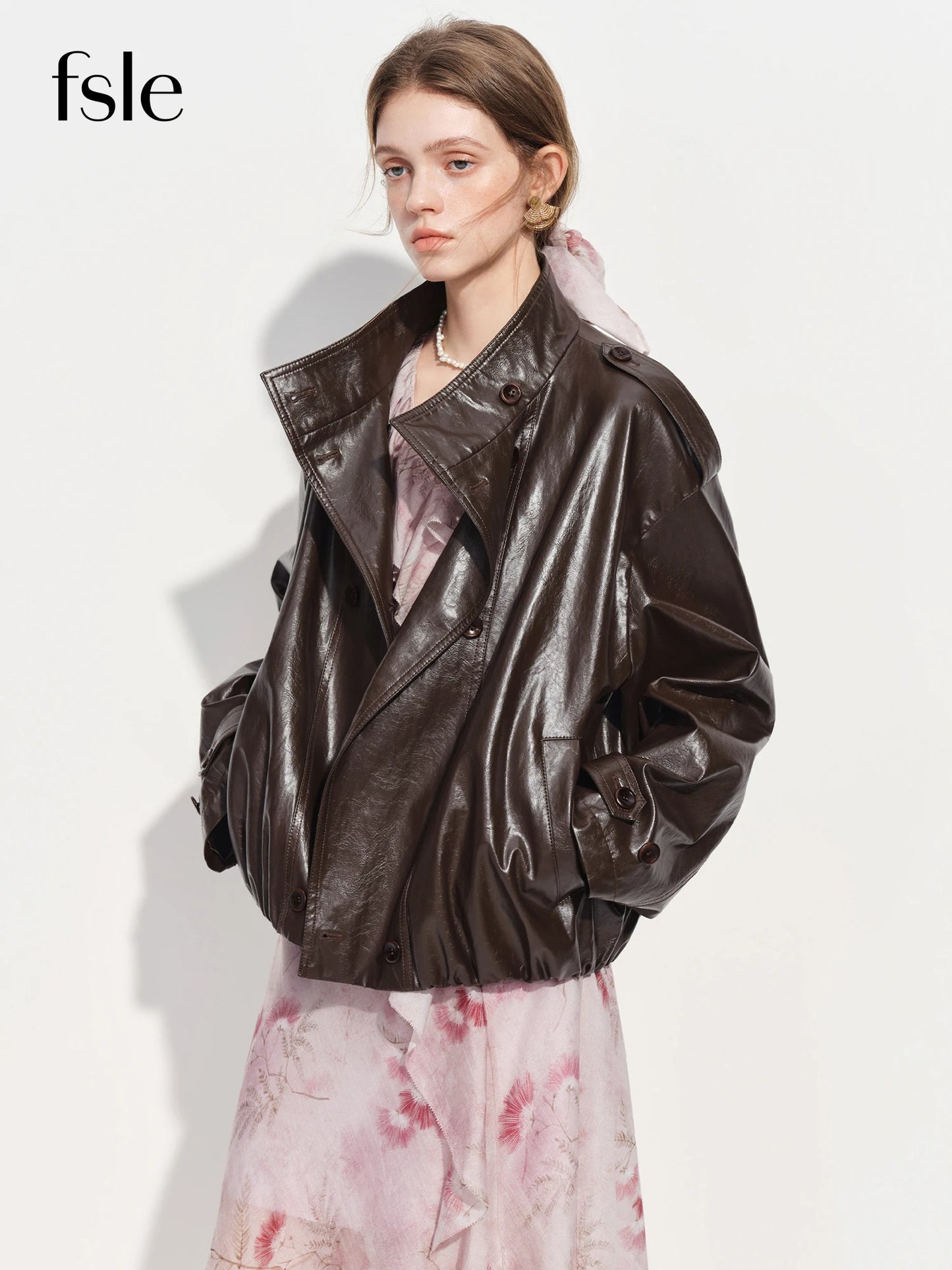 FSLE【Premium Series】Women's Oversize Short Trench Coat Brown Faux Leather Belted Jacket Grey Windbreaker Y2K Retro Outerwear
