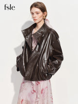FSLE【Premium Series】Women's Oversize Short Trench Coat Brown Faux Leather Belted Jacket Grey Windbreaker Y2K Retro Outerwear