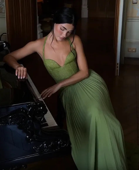 Women's Green Fishbone Corset Halter Maxi Dress