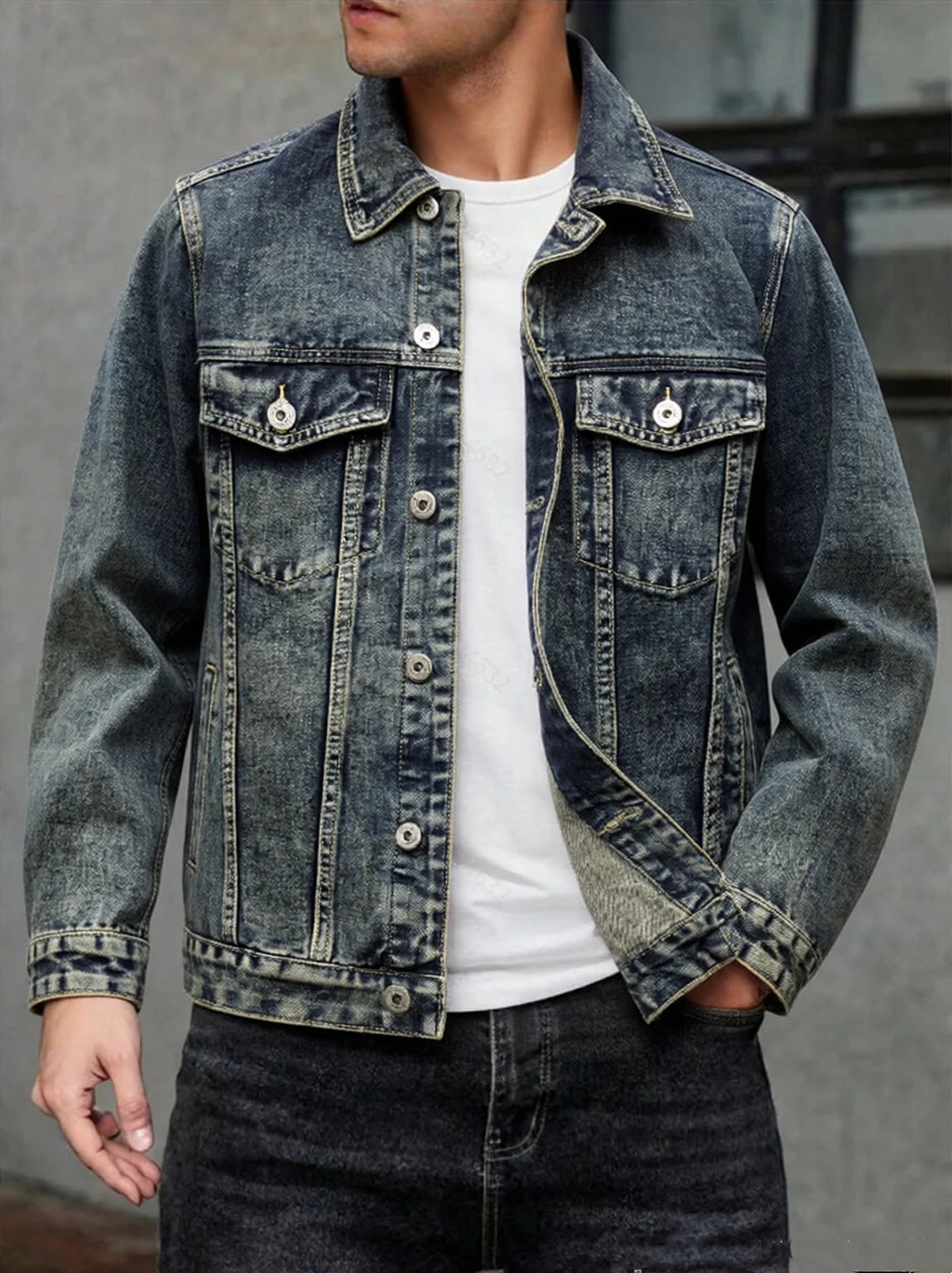 American style multi pocket denim jacket for men blue grey vintage washed loose fitting versatile trendy workwear jacket