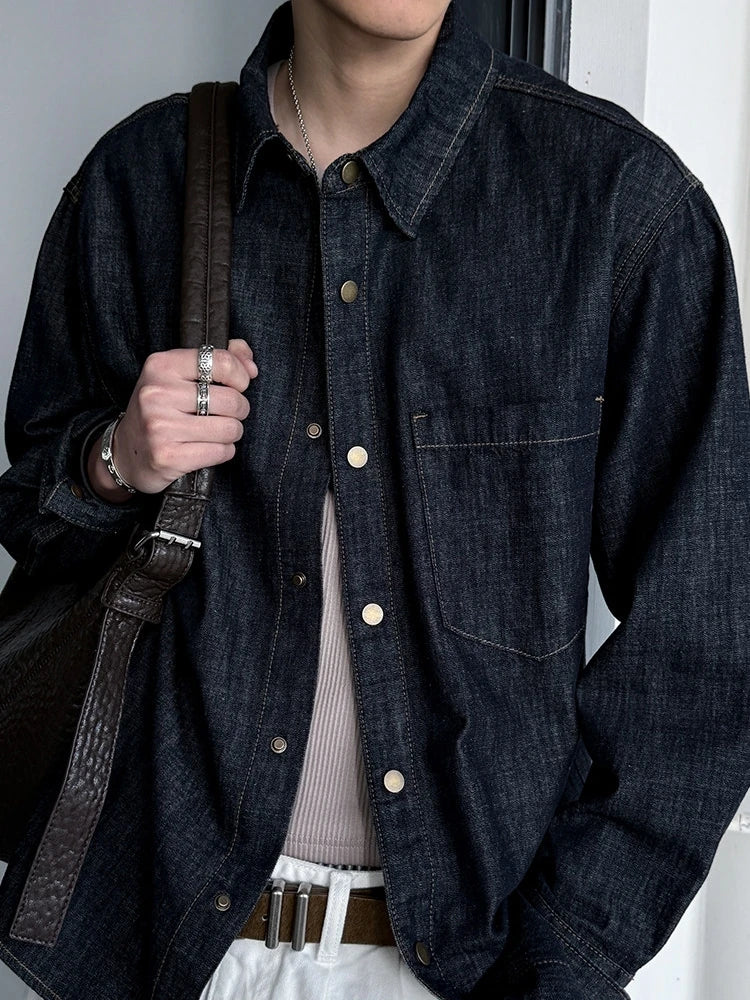 Men's American Vintage Washed Raw Denim Work Shirt Loose Fit Casual Trendy Overshirt Coat Premium Lyocell Spring Fall Streetwear