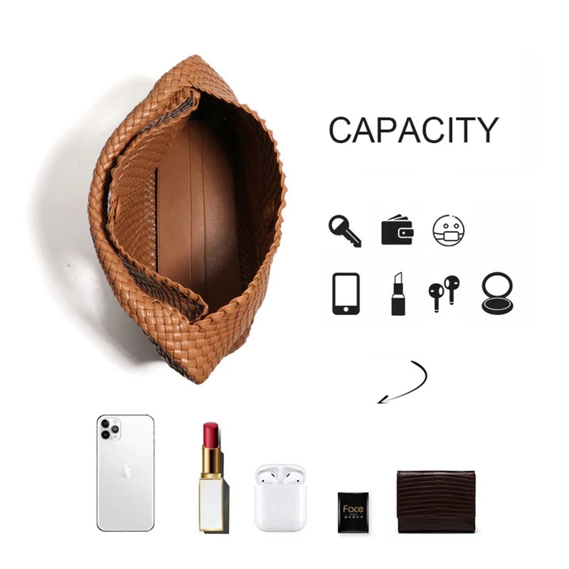 2025 Women Bag Luxury PU Leather Handbag Lady Fashion Handmade Knitting Tote Female Hand-woven Basket Shoulder Bag with Purse
