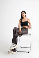 Women's High Waist Faux Leather Wide Leg Fleece Pants