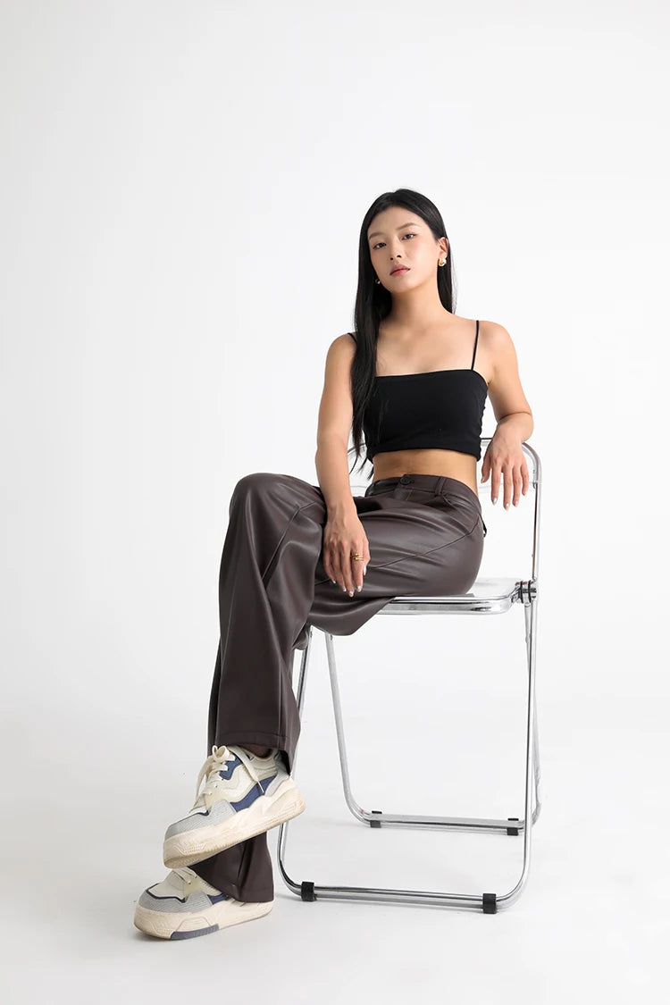 Women's High Waist Faux Leather Wide Leg Fleece Pants
