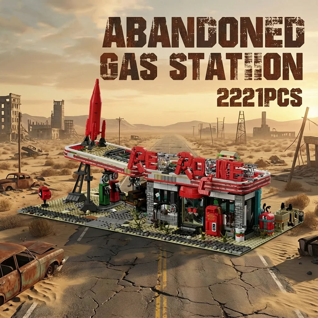 Movie Game Red Abandoned Gas Station Architecture Doomsday House Modular Building Blocks Model Kit Adult DIY Gift 2221PCS