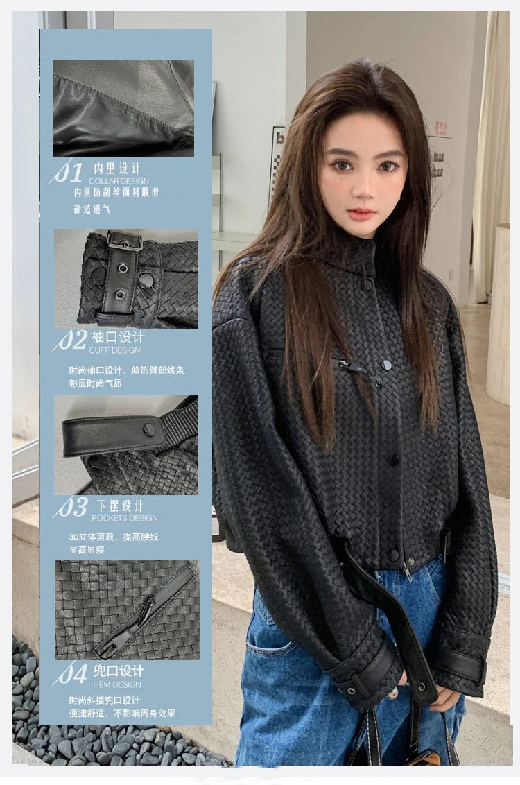 Natural Sheepskin Coat Women Autumn European and American Fashion Short Motorcycle Casual High Quality Hand-Woven Leather Jacket