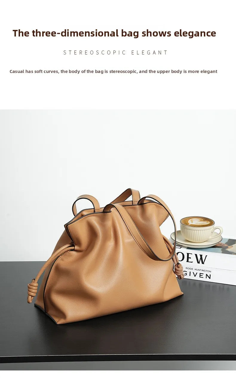 Autumn Winter High-End Leather Bucket Bag Drawstring Pleated Soft Cowhide Single Shoulder Tote Lucky Bag for Women