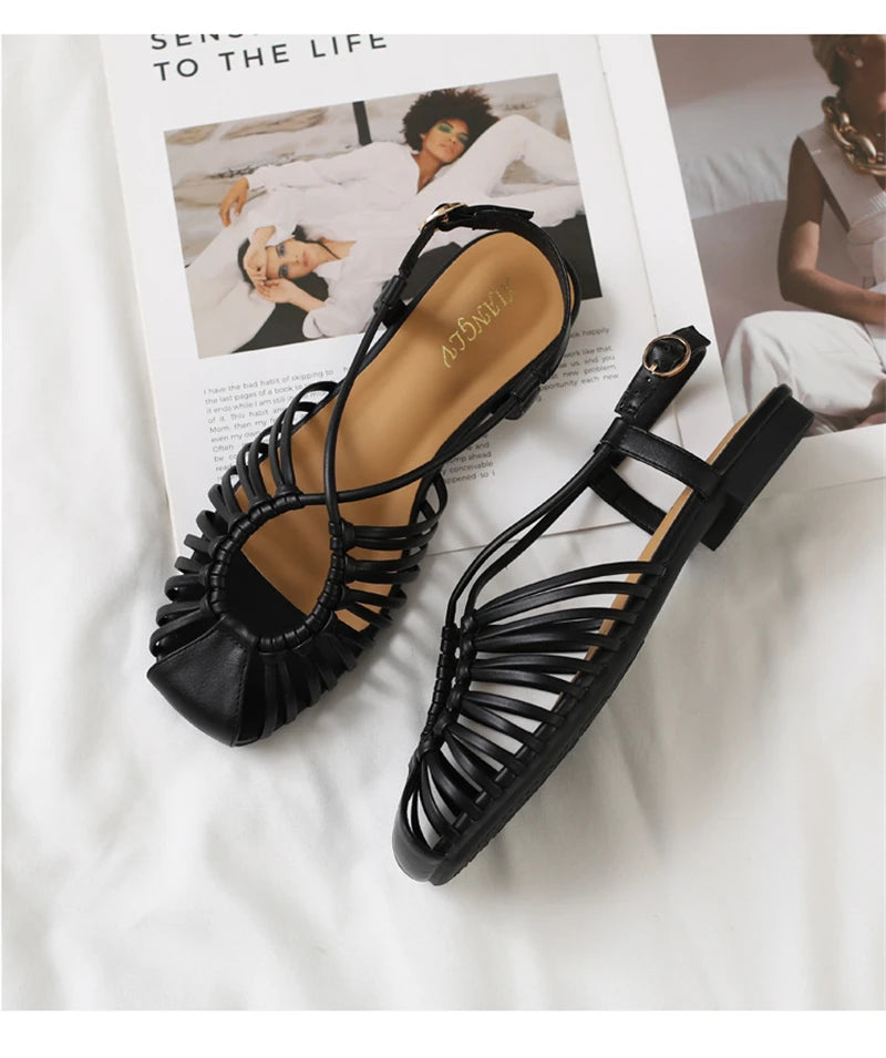 Women's Narrow Band Roman Flat Sandals — Buckle Strap Gladiator Beach Shoes