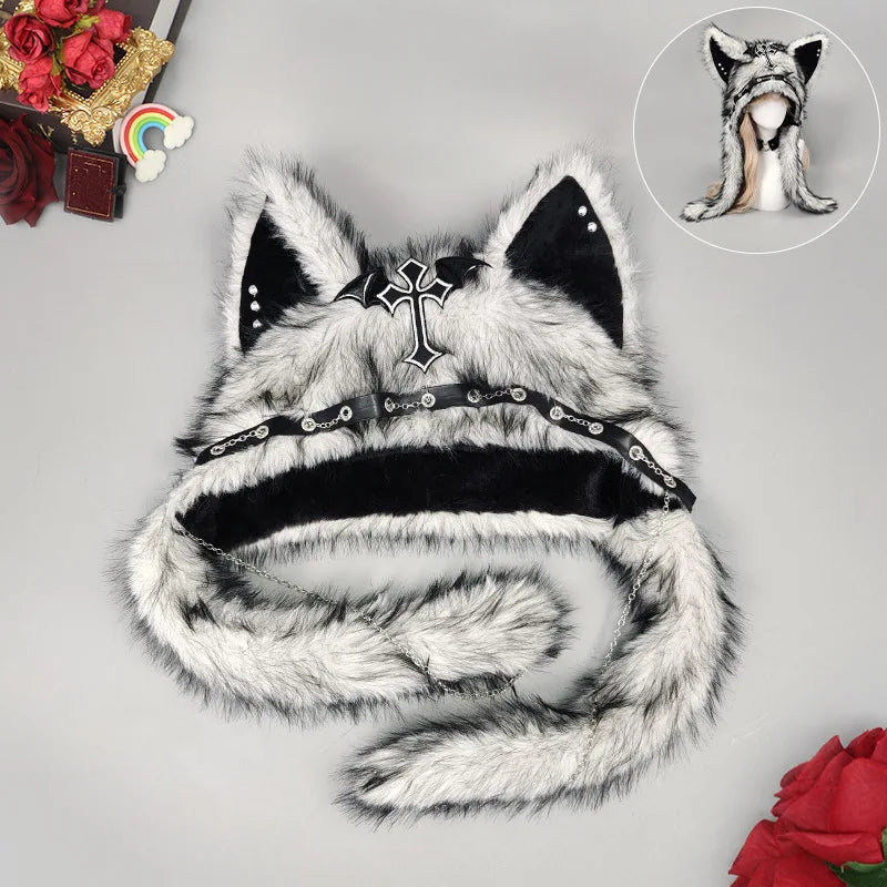 Gothic Plush Cat Ear Beanie – Y2K Punk Warm Cap