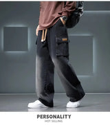 8XL Jeans New Wide Leg Washing Pants Men Trousers Neutral Solid Color Loose Casual Korean Fashion Pocket Plus Size Cargo Pant