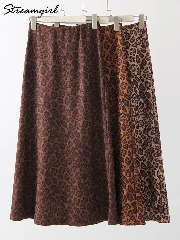 Leopard Print Suede Maxi Skirt – Women's Autumn Winter