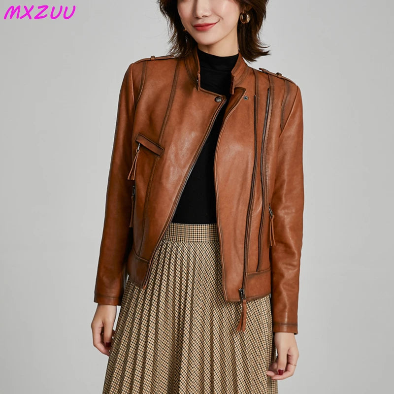 Women's Short Genuine Sheepskin Biker Jacket