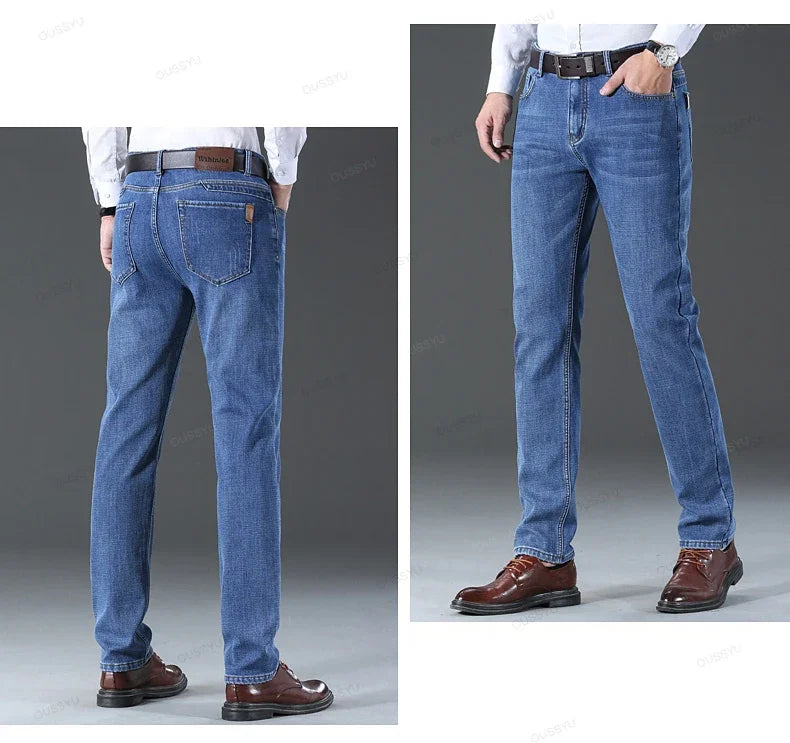 Autumn Winter Men's Jeans Classic Retro Grey Denim Pants Man Work Slim Straight Stretch Cotton Trousers Streetwear Plus Size 40