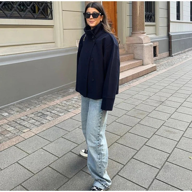 Fashion Short Woolen Coat Women Stand Collar Single-breast Full Sleeve Loose Pocket Jacket Female 2026 Autumn Solid Lady Outwear