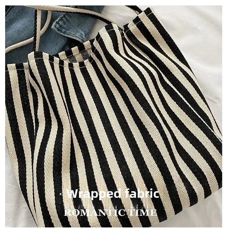 Female Casual Multifunctional Travel Top-handle Handbag Large Capacity Canvas Women Shopper Tote Simple Striped Shoulder Bag2025