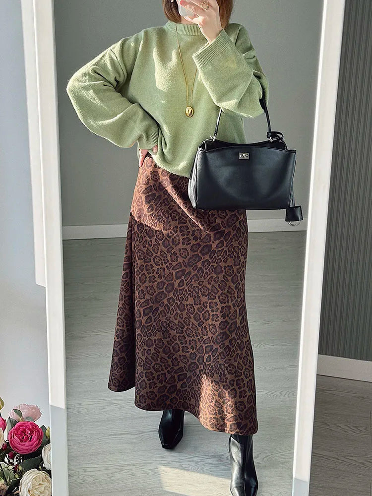 Leopard Print Suede Maxi Skirt – Women's Autumn Winter