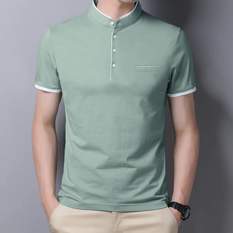 Men's Stand Collar Polo Tee – Solid, Anti-Wrinkle
