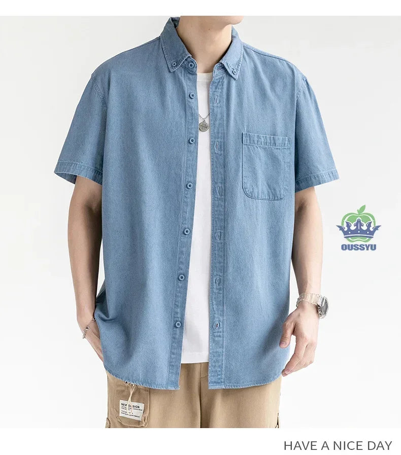 Men's Denim Shirt Long Sleeve Casual Outerwear Youth 2026 Fashion Streetwear Light Blue Button Up Top with Pockets Jeans Shirt