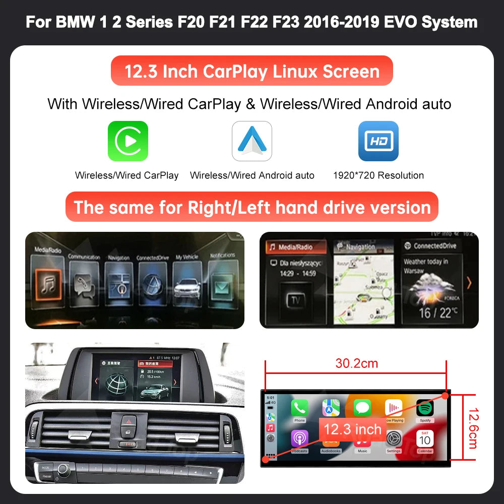 12.3'' BMW F20/F21/F22/F23 Linux CarPlay & Android Auto Screen