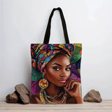 African Women Print Linen Tote Bag, Aesthetic School Shoulder Bag, Lightweight Grocery Shopping Bag