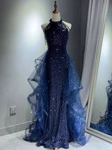 Elegant Sparkling Halter Evening Gown with Beading & Sweep Train