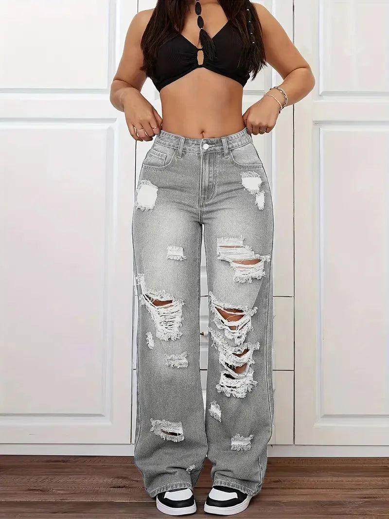 Women's Distressed Wide Leg Jeans | High Waist Denim