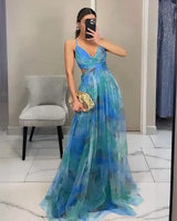 Off-Shoulder Lace Print Halter Maxi