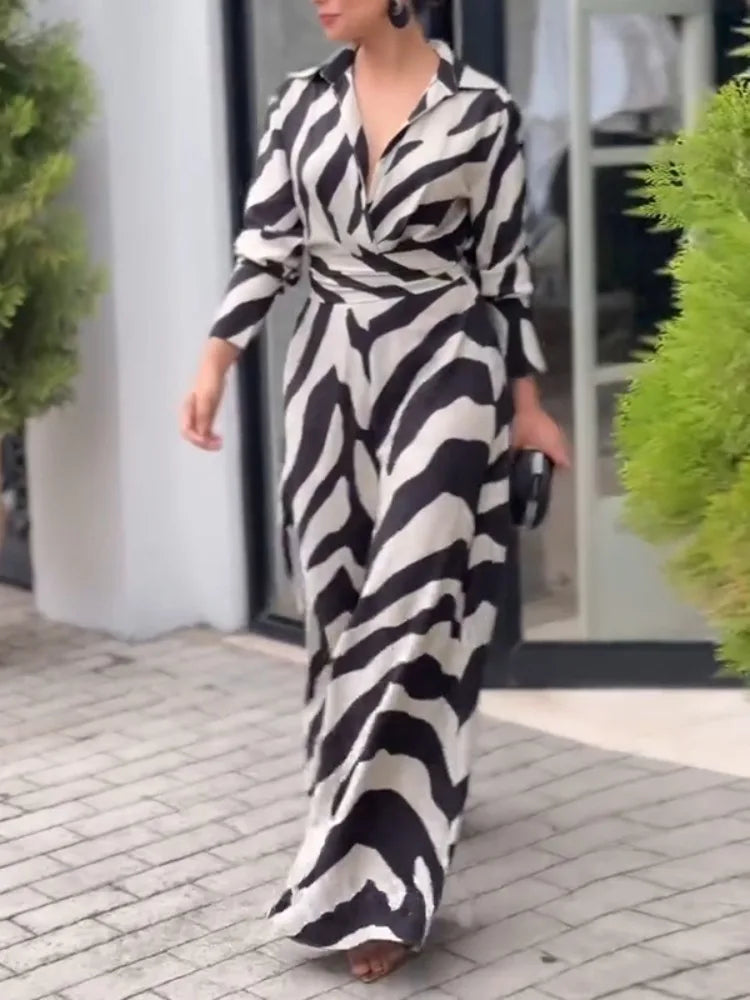 Zebra Print Lapel High-Waist Wide Leg Jumpsuit