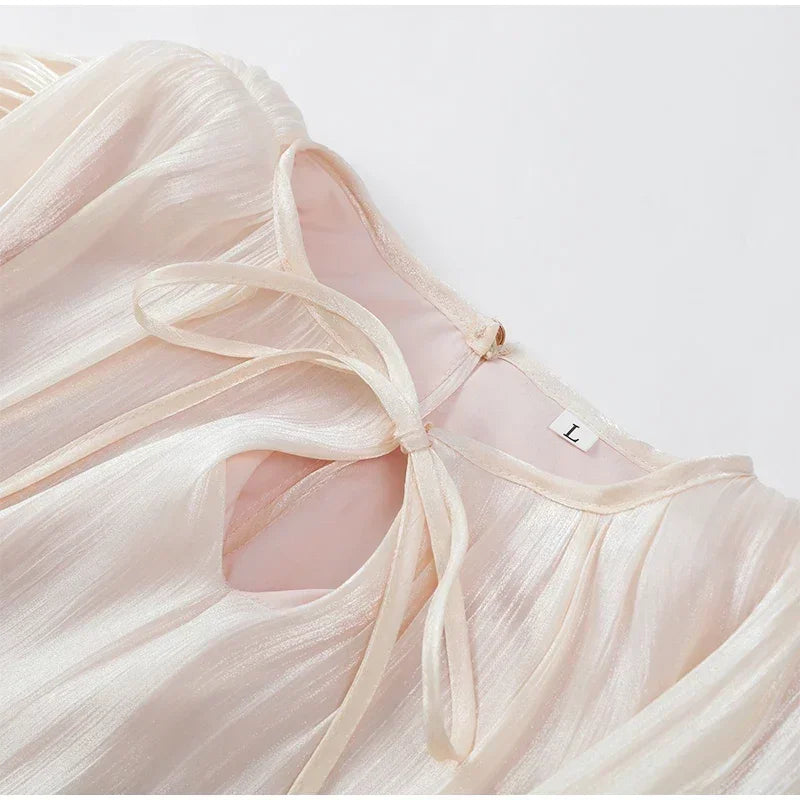Elegant Lantern Sleeve Shiny Pleated Ankle-Length Party Dress