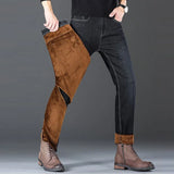 Men Winter Snow Warm Plush  Loose Minimalist Jeans Male Fleece Lined ThickenedStraight Denim Pants Slim Fit Elasticity Trousers