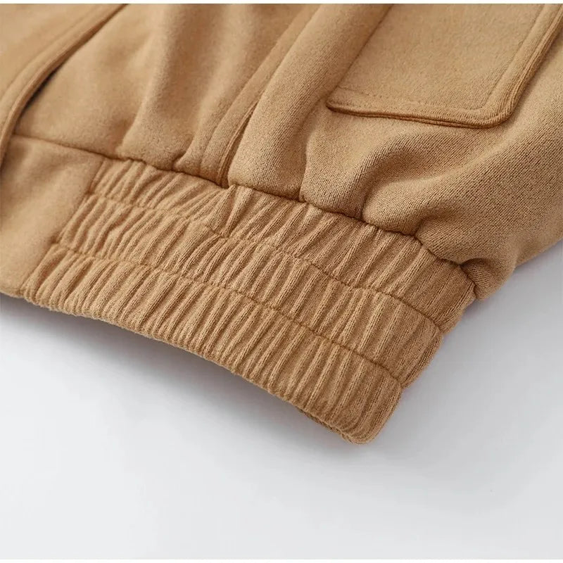 Brown Retro Suede Lapel Zippered Short Jackets Women's Casual Full Sleeves Pocket Loose Coats 2026 Spring Daily Commute Outwear